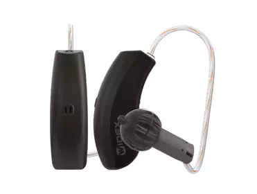 Behind-the-ear hearing aid with slim receiver and ear tip.