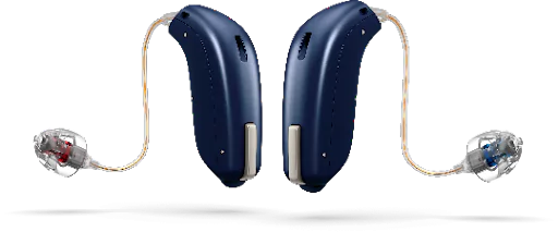 Blue behind-the-ear hearing aids with thin tubes and ear molds.