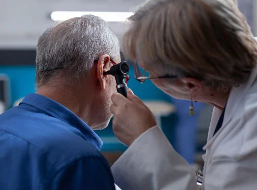 Ear wax doctor carefully cleaning ear using professional tools