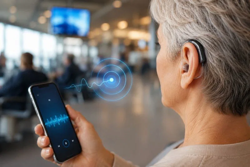 Hearing aid user streaming audio with Auracast technology