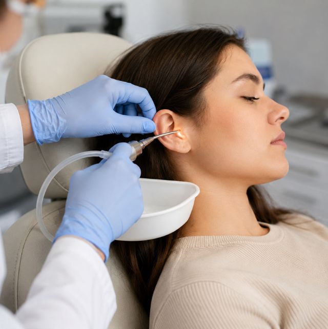 Professional performing earwax removal treatment