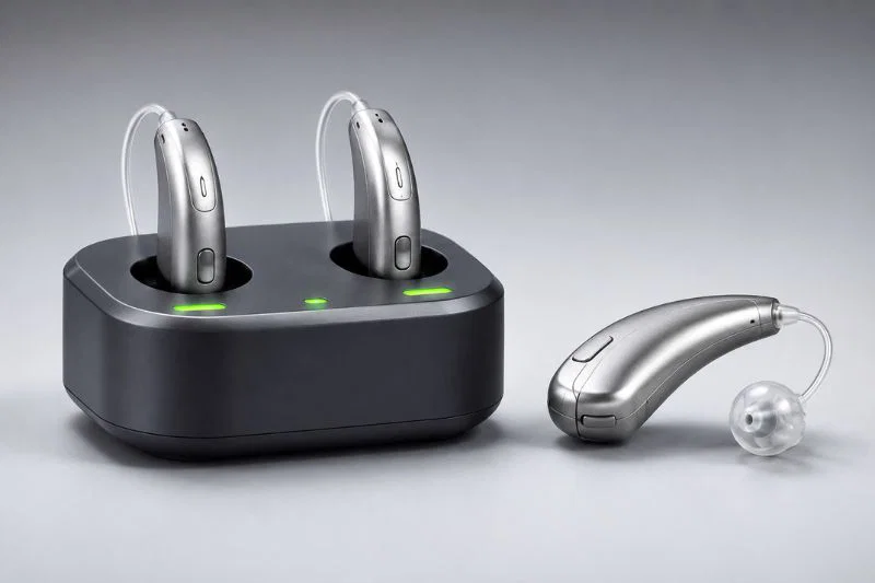 Rechargeable and battery hearing aids with charging dock
