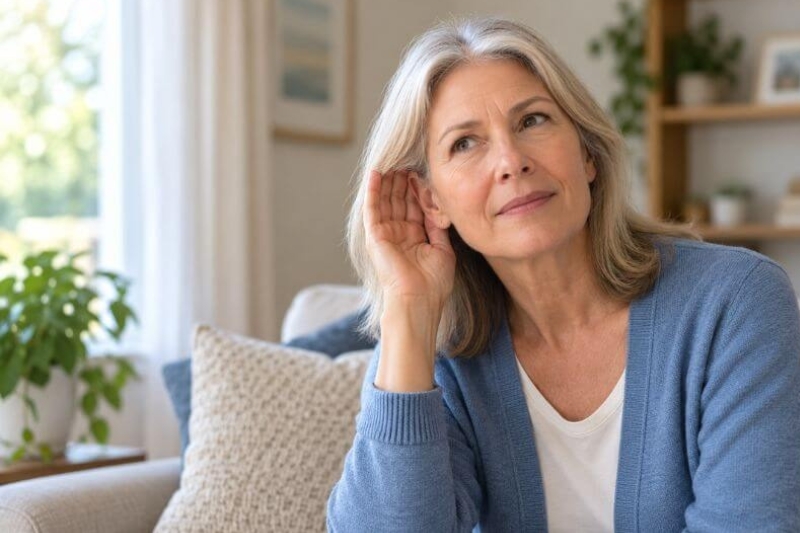 Older woman noticing age-related hearing loss