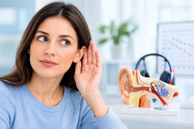 Woman cupping her ear while listening in an audiology clinic