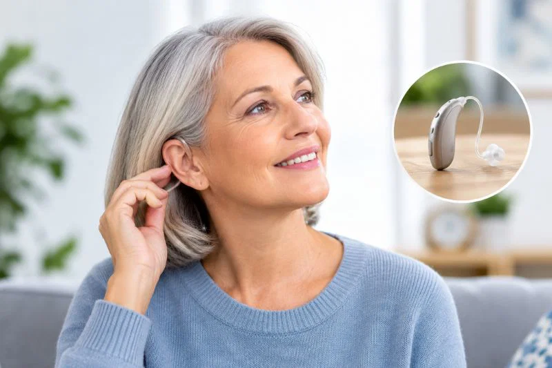 Woman adjusting a new hearing aid